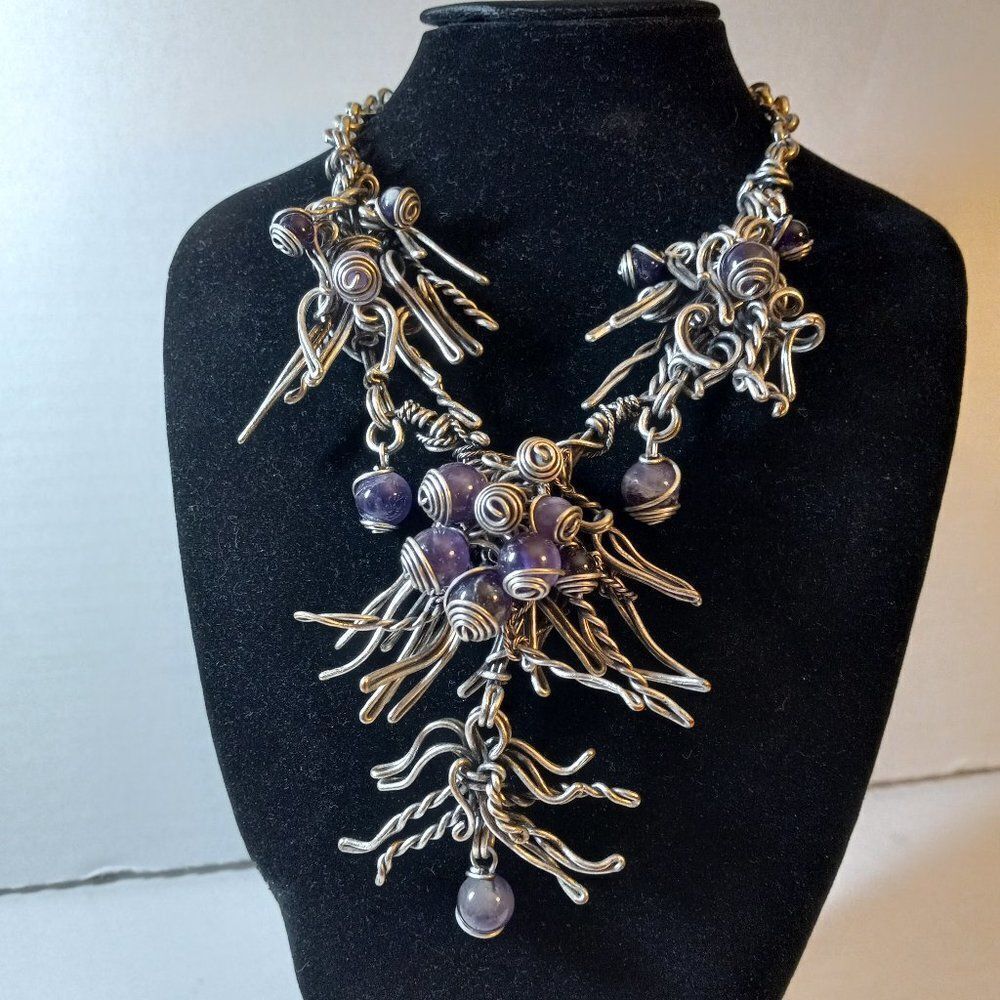 Amethyst Swirl Statement Silver Tone Metal Necklace Granny Chic Cottagecore